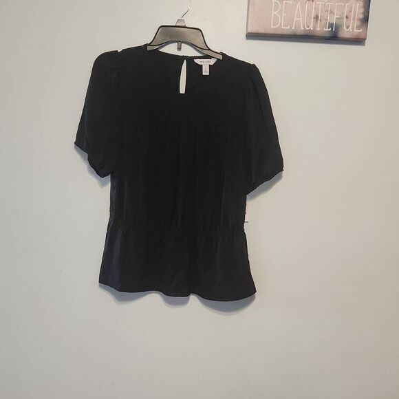 NWT Nine West Smocked Yoke Peplum Blouse Size L Black - Picture 1 of 5